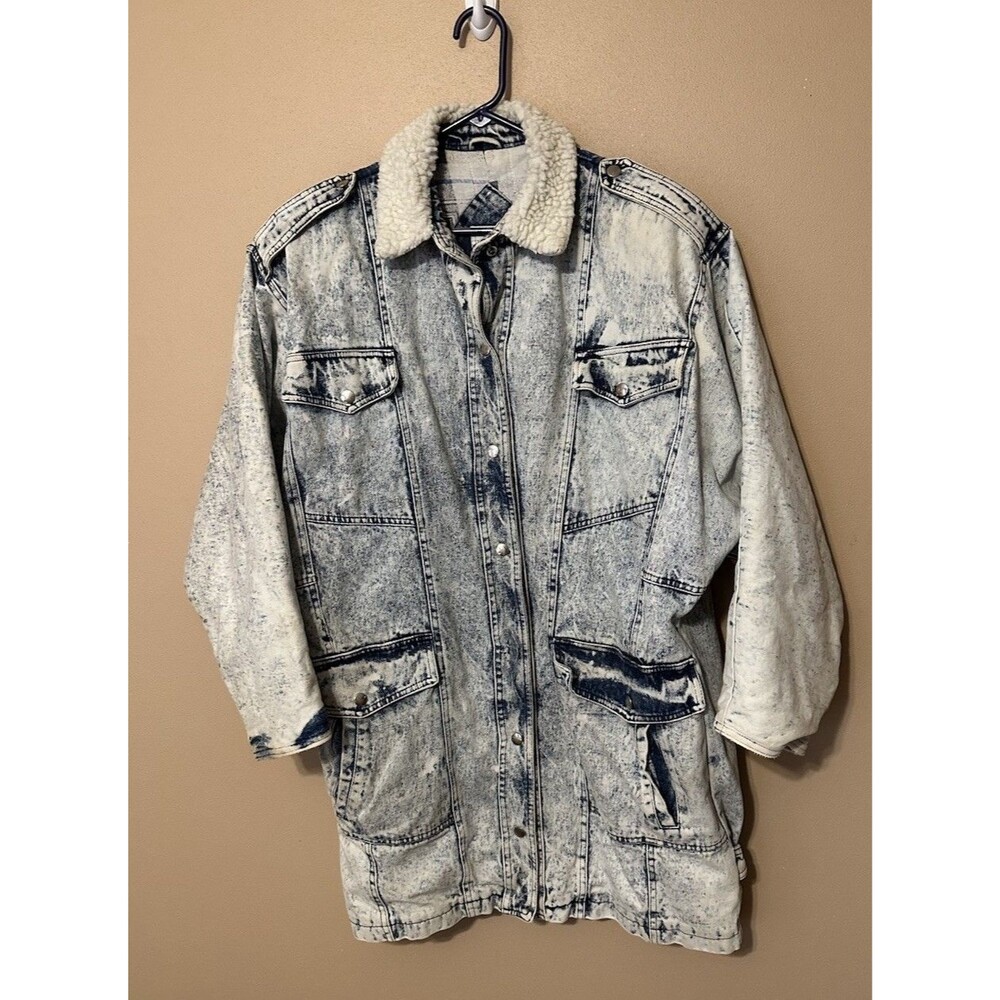 VTG Braetan 80s Blue Denim Acid Wash Snap Long Jean Jacket Coat Sherpa Med *NOTE